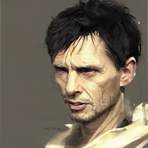 Image similar to Portrait of a man by Greg Rutkowski, he is about 60 years old, short black hair with bangs, his features are a mix between French, Turkish and Russian, dying, expression of epiphany and realization, he is wearing a futuristic tactical gear, highly detailed portrait, digital painting, artstation, concept art, smooth, sharp foccus ilustration, Artstation HQ.