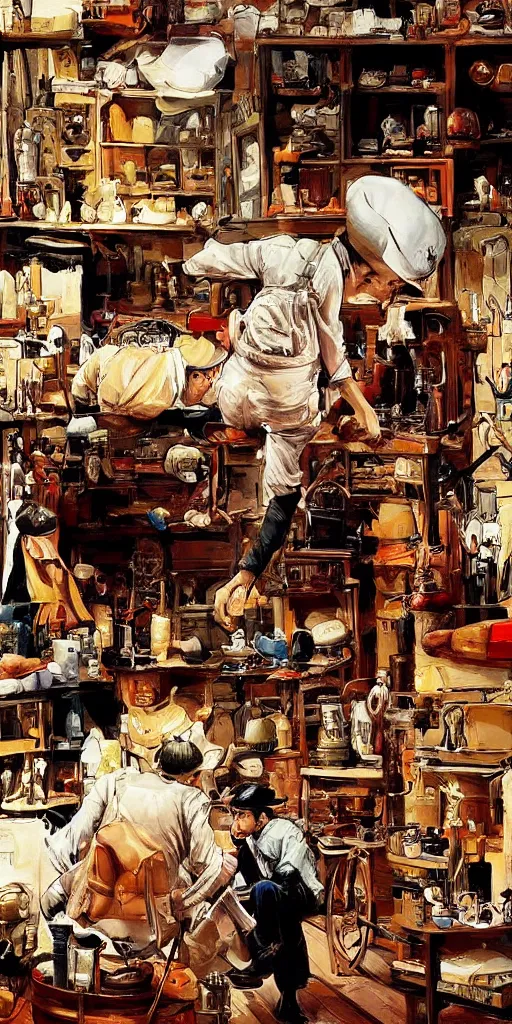Image similar to oil painting scene from shoemaker's shop by kim jung gi