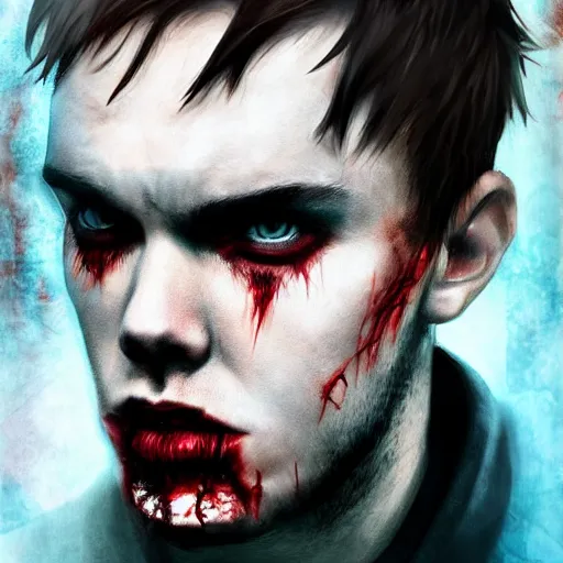 Image similar to angry zombie portrait of nicholas hoult in an urban szene, grimdark horror, stylized digital illustration, radiating a glowing aura, global illumination, ray tracing, hdr, fanart arstation by ian pesty and katarzyna bek - chmiel