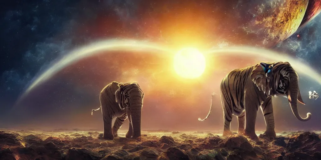 Image similar to planet - sized tiger elephant in space, next to the sun and stars, cosmic, very wide shot, epic composition, hyper detailed, digital art, trending in artstation, cinematic lighting, studio quality, unreal engine 5 rendered, art style by klimt and nixeu and ian sprigger and wlop and krenz cushart