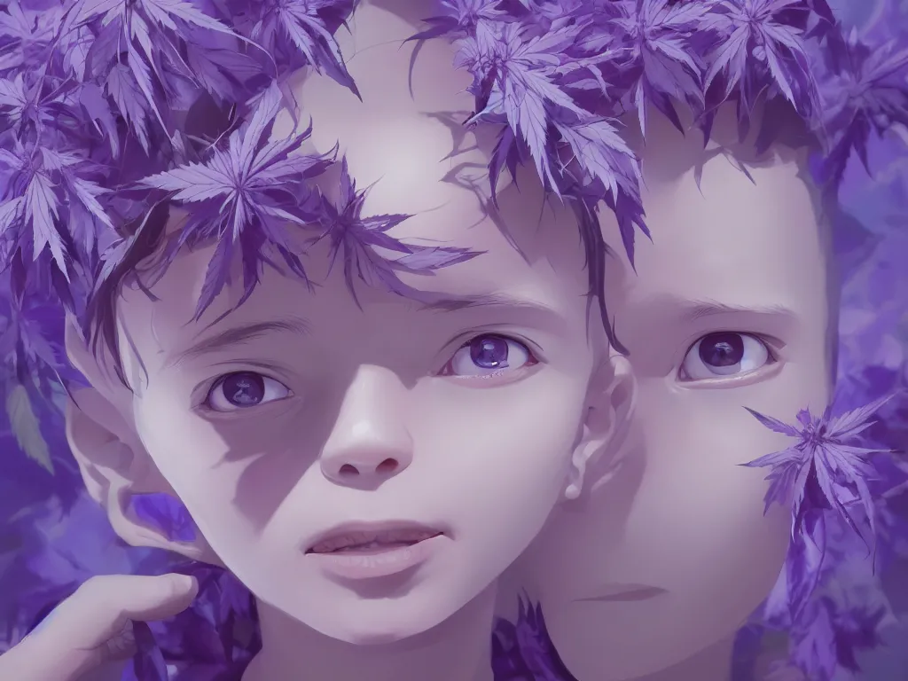 Prompt: single kid symmetrical beauty face in focus purple flowers of marijuana hemp cannabis, behance hd, by jesper ejsing, by rhads, makoto shinkai, lois van baarle, ilya kuvshinov, rossdraws global illumination, golden ratio