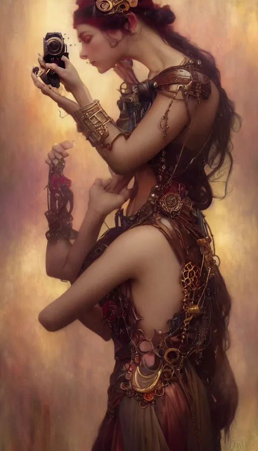 Image similar to hyper realistic photographer taking a picture, magical, gems, jewels, gold, steampunk, cyberpunk, painted by tom bagshaw, mucha, gaston bussiere, craig mullins, j. c. leyendecker 8 k