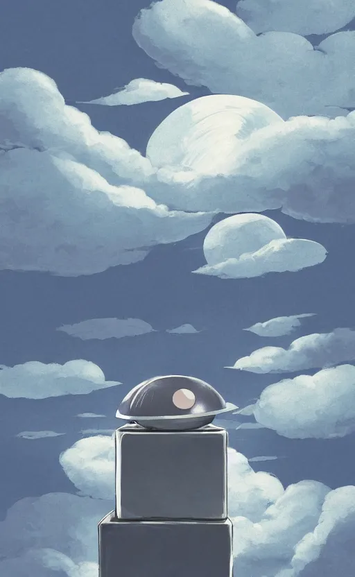 Image similar to an asymmetrical cell - shaded studio ghibli concept art study of a huge silver cube ufo in the sky. an elegant alien is on the ground. very dull colors,, hd, 4 k, hq