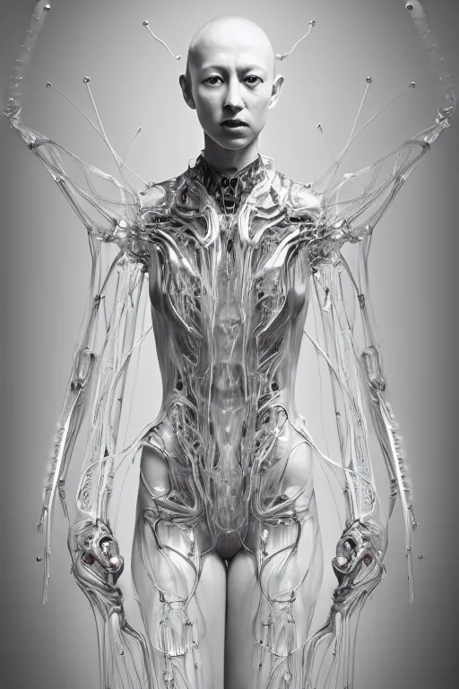 Image similar to iris van herpen, beautiful woman asian face, perfect symmetrical body, full body shot, inflateble shapes, wires, tubes, veins, jellyfish, white biomechanical details, wearing epic bionic cyborg implants, masterpiece, intricate, biopunk, vogue, highly detailed, artstation, concept art, cyberpunk, octane render