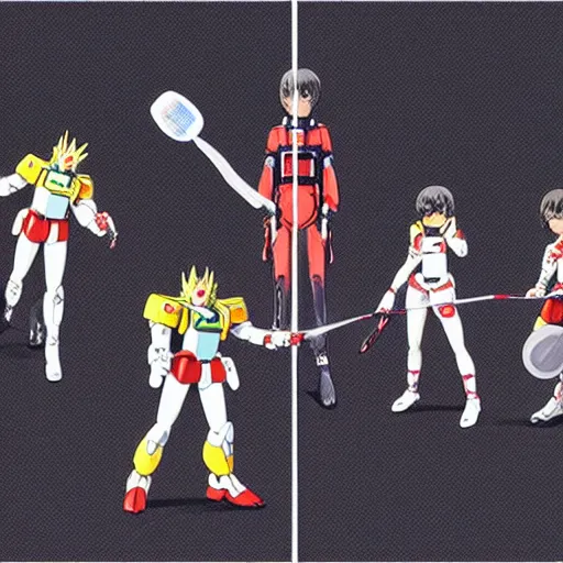 Prompt: illustration of gundam action figures playing badminton by ilya kuvshinov katsuhiro otomo