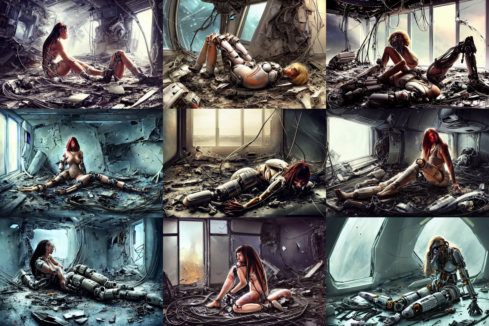 Prompt: Ultra realistic illustration, incredibly beautiful and alluring damaged female spec ops cyborg sitting on the floor of a crashed spaceship, crying while holding the head of a destroyed cyborg, cyborg limbs strewn across the floor, in a destroyed futuristic super advanced military medical bay with cables hanging from ceiling, cables on floor, cracked picture window, beautiful face, voluptuous body, beautiful alluring science observing, cyberpunk, sci-fi, fantasy, intricate, elegant, highly detailed, digital painting, artstation, concept art, smooth, sharp focus, illustration, dramatic lighting, art by artgerm and greg rutkowski and alphonse mucha