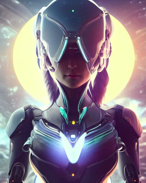 Image similar to perfect android girl on a mothership, warframe armor, beautiful face, scifi, futuristic, galaxy, nebula, raytracing, dreamy, long white hair, blue cyborg eyes, sharp focus, cinematic lighting, highly detailed, artstation, divine, by gauthier leblanc, kazuya takahashi, huifeng huang