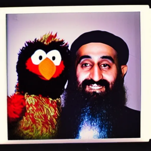 Image similar to polaroid photo of osama bin laden posing with elmo