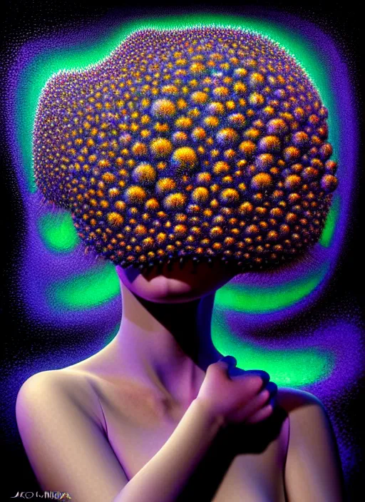 Image similar to hyper detailed 3d render like a Oil painting - Aurora (Singer) Eats of the Strangling Fruit of penance open eyes and Her Hands full of gossamer polyp blossoms bring iridescent fungal flowers whose spores black the foolish stars by Jacek Yerka, Mariusz Lewandowski, Houdini algorithmic generative render, Abstract brush strokes, Masterpiece, Edward Hopper and James Gilleard, Zdzislaw Beksinski, Mark Ryden, Wolfgang Lettl, hints of Yayoi Kasuma, octane render, 8k