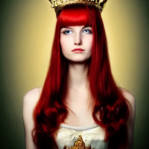 Prompt: face of a sad beautiful lady which has a golden crown on her head and silky red hair