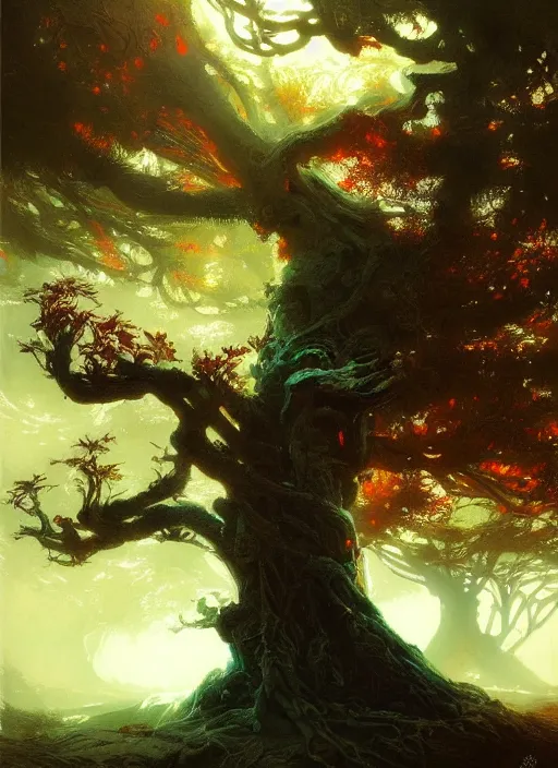 Image similar to giant tree, intricate, elegant, highly detailed, vivid colors, john park, frazetta, sparth, ruan jia, jeffrey catherine jones