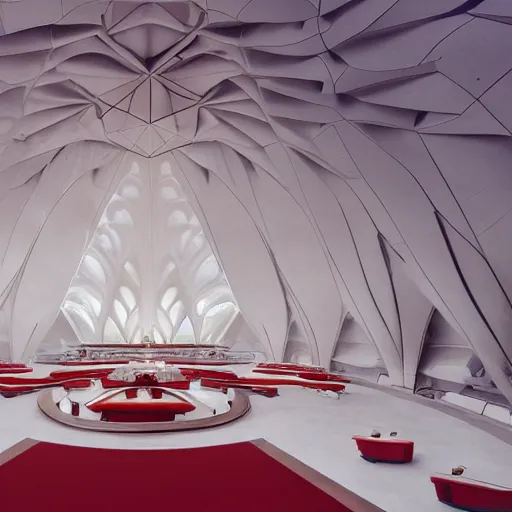 Prompt: interior of a futuristic lotus temple space station with gold, red and white marble panels, by santiago calatrava and zaha hadid and buckminster fuller and syd mead, intricate contemporary architecture, photo journalism, photography, cinematic, national geographic photoshoot