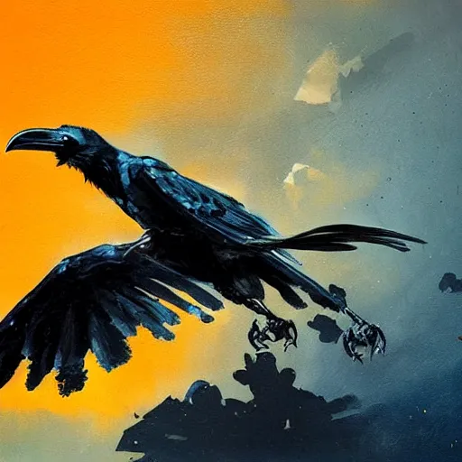 Prompt: indigo raven in flight with one skull in the background with a splash of deep orange greg rutkowski