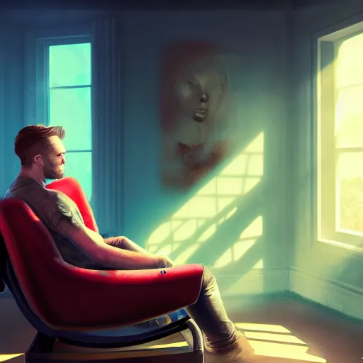 Image similar to half - car - man sitting in a chair in his living room with sunlight pouring in through a window, portrait, fantasy, beautiful face, vivid colors, elegant, concept art, sharp focus, digital art, hyper - realistic, 4 k, unreal engine, highly detailed, hd, dramatic lighting by brom, trending on artstation