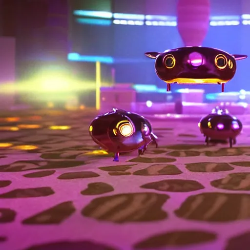 Prompt: promotional movie still wide - angle 3 0 m distance. nanorobots ( ( cat ) ) 1 million into the future ( 1 0 0 2 0 2 2 ad ). super cute and super deadly. nanorobots like disco music, disco balls, dance - off contests. dramatic lighting, cinematic lighting, octane 3 d. style saturday night fever ( film )