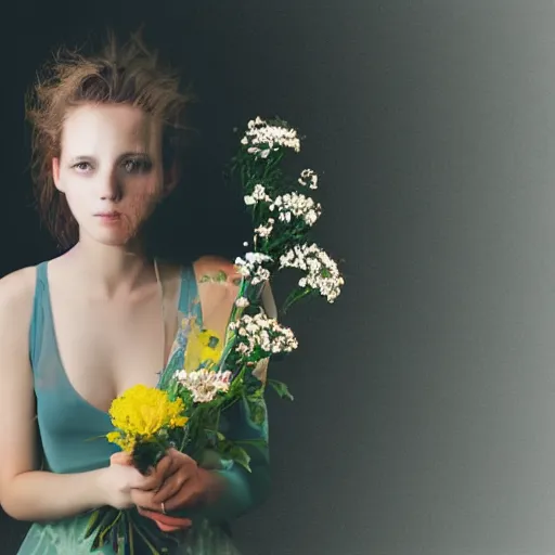 Prompt: Double exposure portrait of young woman with bouquet of flowers