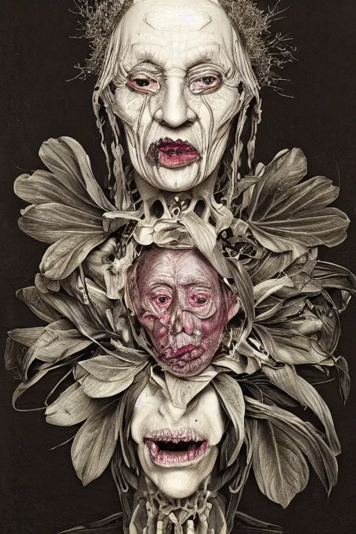 Image similar to Detailed maximalist portrait of an old woman with large lips and eyes, scared expression, botanical skeletal with extra flesh, HD mixed media, 3D collage, highly detailed and intricate, surreal illustration in the style of Caravaggio, dark art, baroque