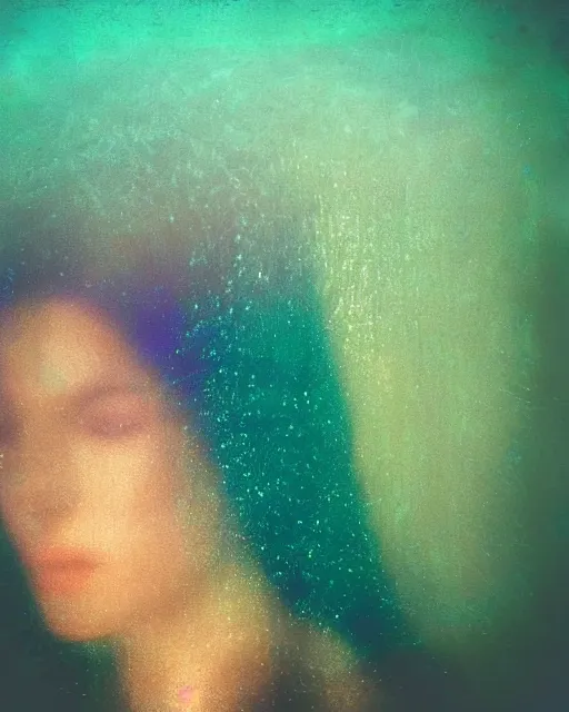Prompt: a woman's face in the water, jellyfish, serene emotion, polaroid, glitched, hazy, green, blue, purple, soft lighting, sun rays