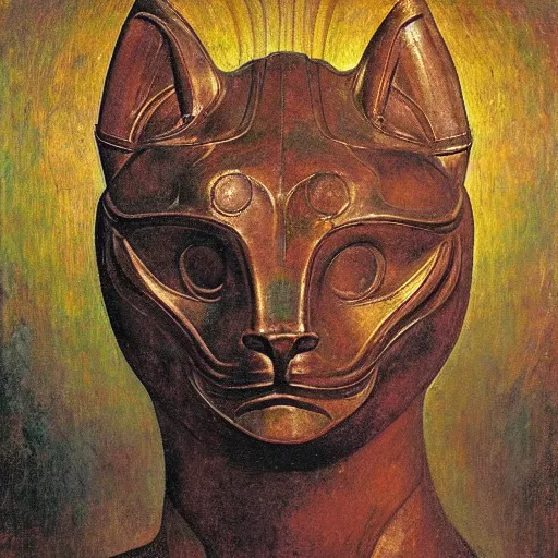 Image similar to masterpiece painting of an ancient bronze sculpture of a mechanical cat head, by annie swynnerton and diego rivera and nicholas roerich and jean delville, symbolist, dramatic lighting, god rays, elaborate geometric ornament, art brut, rich colors, smooth sharp focus, extremely detailed, adolf wolfli