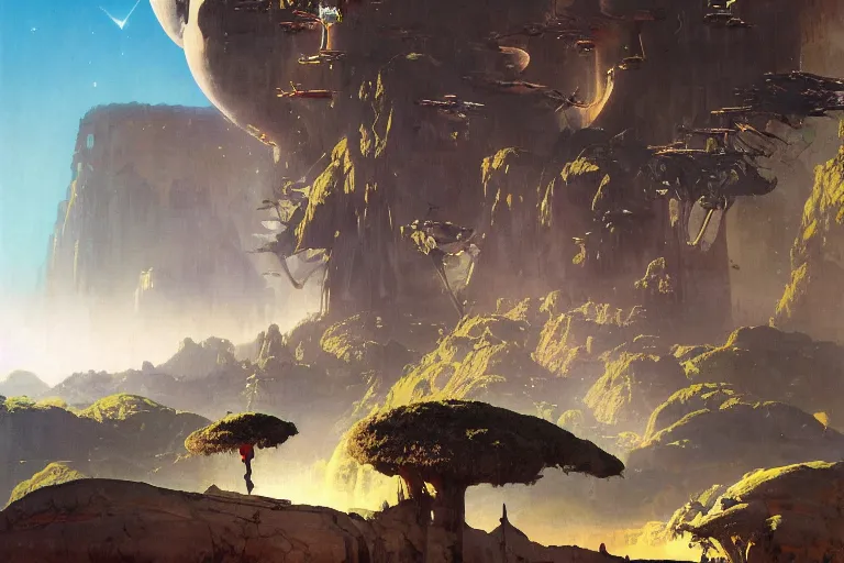 Image similar to pulp scifi illustration, space woman meets science fiction lizard in beautiful landscape, baobab trees, waterfall, distant mountains, dynamic action, by norman rockwell, jack kirby, john berkey, bergey, craig mullins, ruan jia, raymond swanland, jeremy mann, beksinski, tom lovell, alex malveda, schomburg