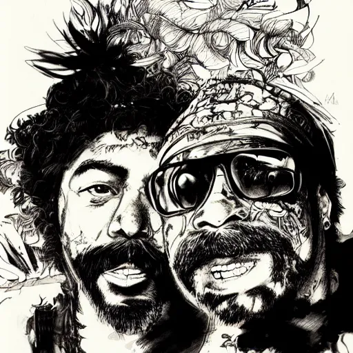 Image similar to portrait of cheech and chong, concept art, sumi - e style, intricate linework, artstation, trending, highly detailed, smooth, focus, art by yoji shinkawa,