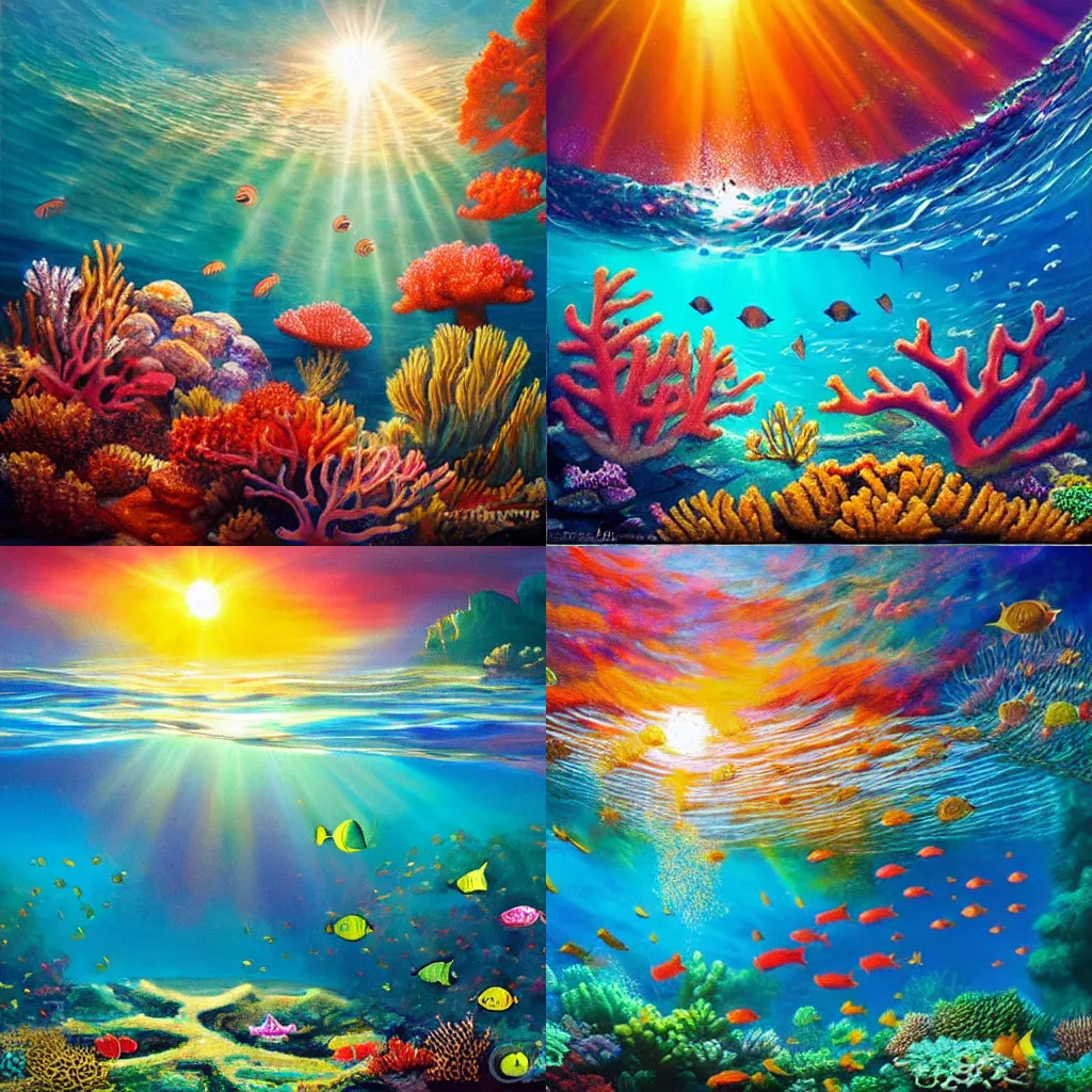 Image similar to underwater coral reef landscape magical realism painting with sun rays coming from above