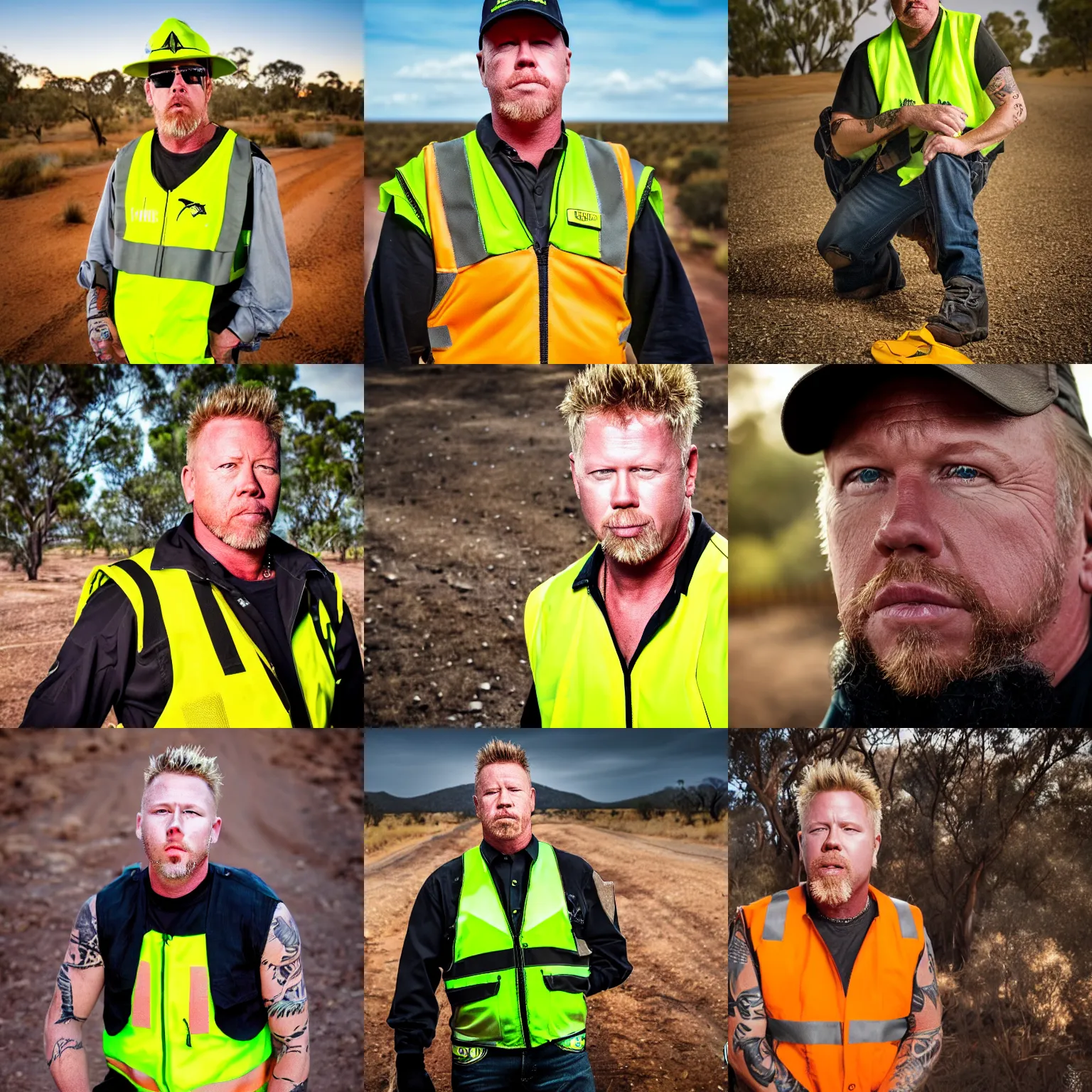 Prompt: James Hetfield, wearing hi vis clothing, in the Australian outback, portrait photography, bokeh, depth of field, 4k