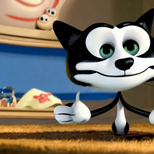 Prompt: a movie still of felix the cat by pixar and disney and aardman animation.