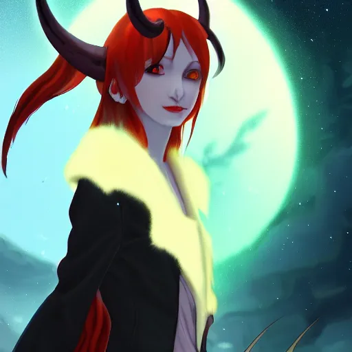 Prompt: a pale redheaded demoness with yellow eyes and horns wearing a jacket, dark spot around eye, highly detailed, galaxy background, digital painting, artstation, matte, by makoto shinkai, animation style