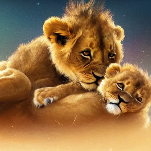 Image similar to two adorable lion cubs cuddling with each other, golden hour, elegant, close up, art by artgerm and greg rutkowski and alphonse mucha, 8k UHD