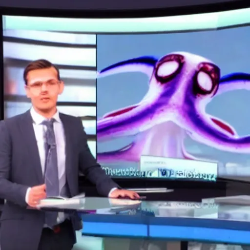 Prompt: a news presenter that looks like a squid