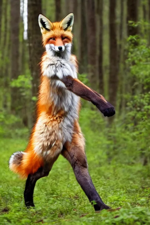 Image similar to anthro digitigrade natural - colored fox person with black paws, walking upright in a forest