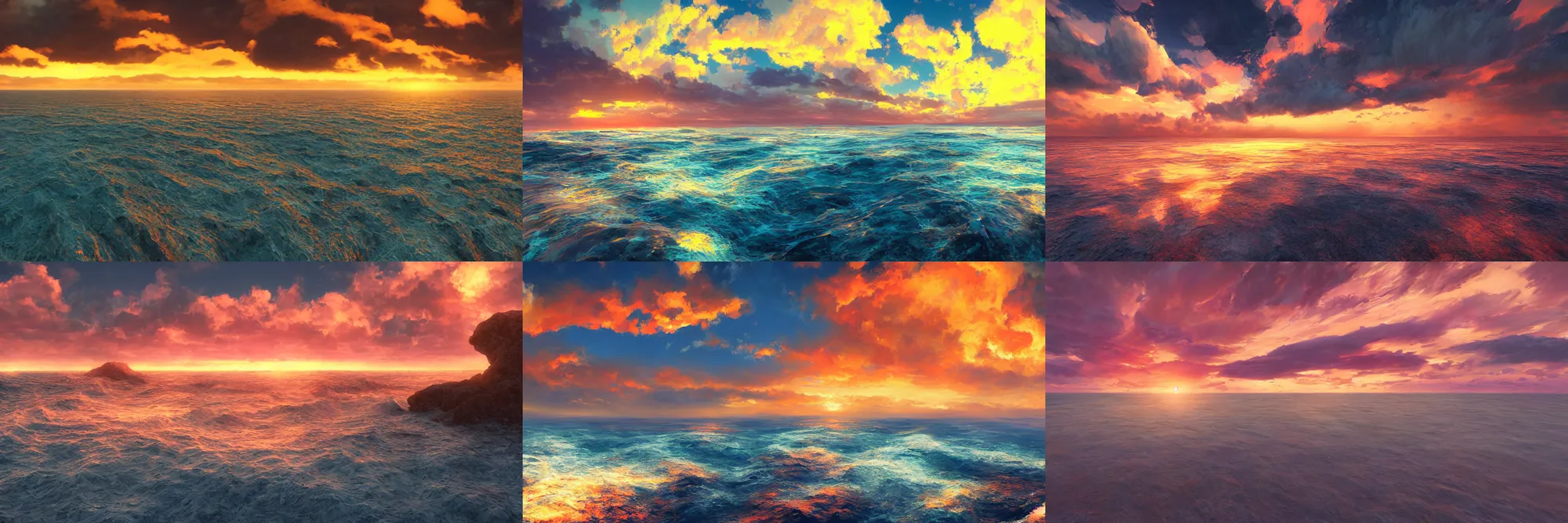 Prompt: sperical hdri map, epic psycedelic, ocean, mattepainting, octane, warm sundown, fall vibrancy, swirly clouds, by makoto shinkai, by wu daozi, by wlop