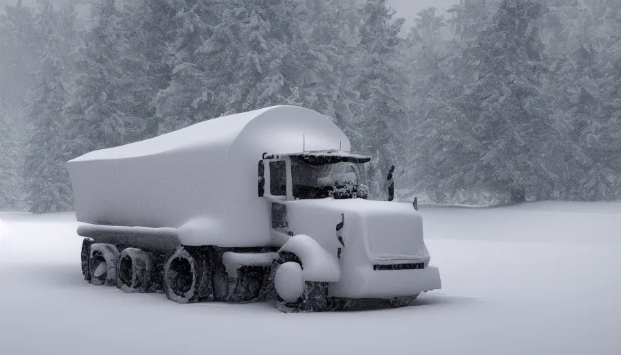 Image similar to snowplow covered by snow in beautiful winter landscape. fog, snowstorm, photorealistic rendering, octane, depth of field, blurry