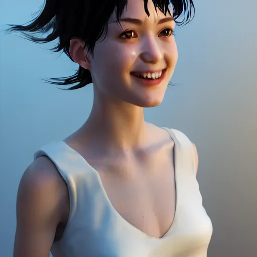 Image similar to a cute girl in white dress, by ruan jia, by yun ling, happy expression, smile, unreal engine, 3 d render, 8 k, closeup headshot, smooth, trending on artstation, digital illustration, black hair