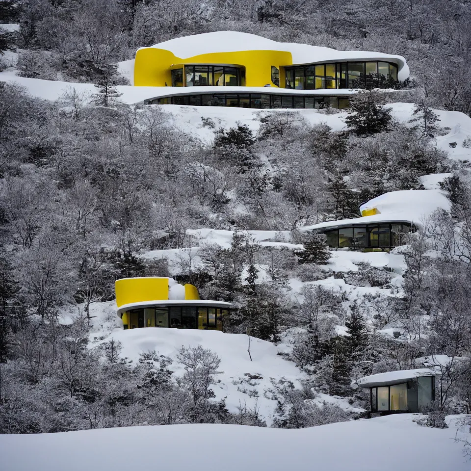 Image similar to an asphalt road leading to a mid-century modern house on top of a cliff in the arctic, covered with snow, designed by Frank Gehry. Big tiles. A car is parked in front. Film grain, cinematic, yellow hue