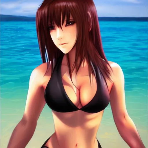 Image similar to beautiful tifa from final fantasy in a bikini on the beach making eye contact drawn by artgerm