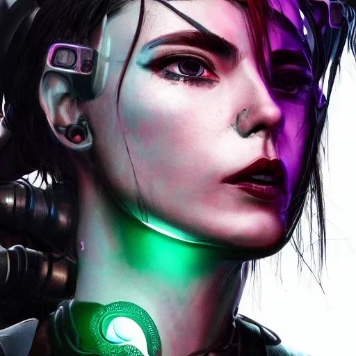 Image similar to headshot artwork of a cyberpunk woman wearing thick steel choker around neck, 4K, detailed face, collar on neck, realistic, artstation, neon,