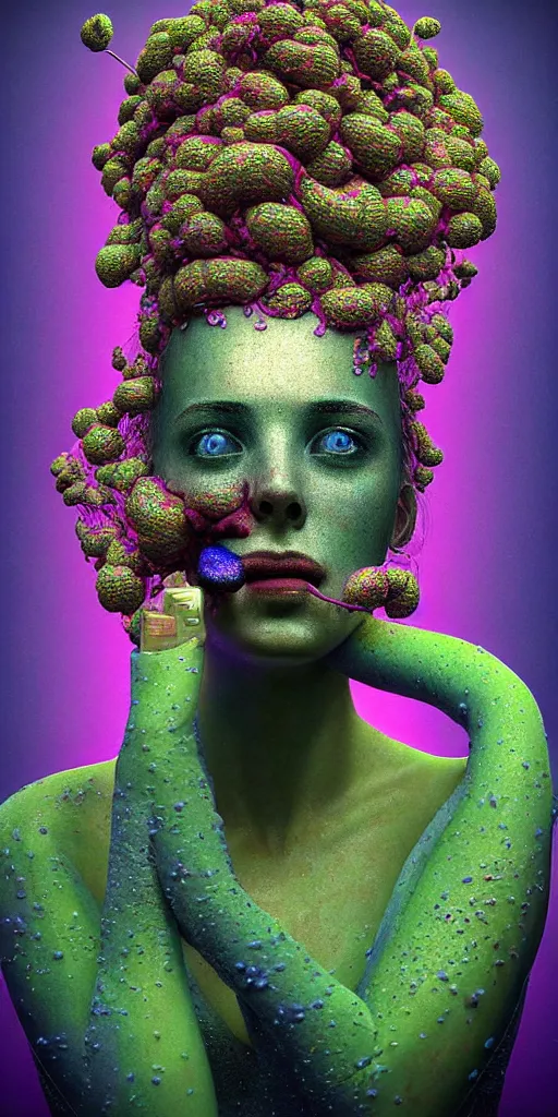 Prompt: hyper detailed 3d render like a Oil painting - portrait sculpt of Aurora (Singer) seen in mascara Eating of the Strangling network of yellowcake aerochrome and milky Fruit that covers her body and Her delicate Hands hold of gossamer polyp blossoms bring iridescent fungal flowers whose spores black the foolish stars by Jacek Yerka, Mariusz Lewandowski, Houdini algorithmic generative render, Abstract brush strokes, Masterpiece, Edward Hopper and James Gilleard, Zdzislaw Beksinski, Mark Ryden, Wolfgang Lettl, hints of Yayoi Kasuma, octane render, 8k