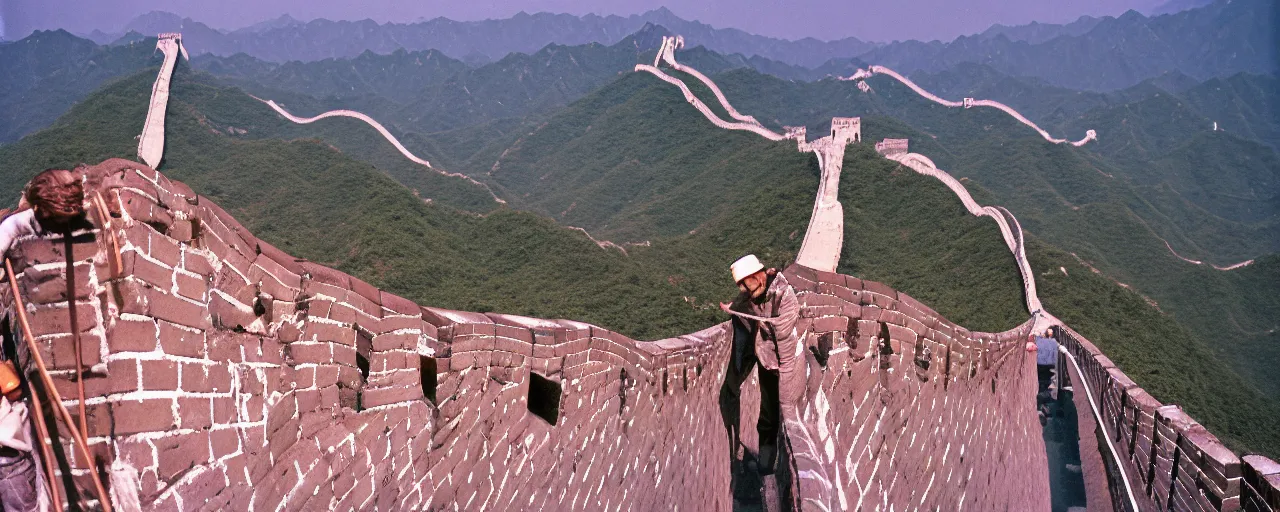 Image similar to spaghetti on top of building the great wall of china, fine detail, canon 5 0 mm, in the style wes anderson, kodachrome, retro