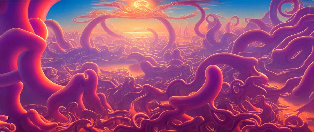 Prompt: surreal ornate sky city of atlantis on giant orange and purple cyborg tentacles coming out of puffy clouds matte painting concept art alex grey kay sage sorayama cinematic soft red lighting high angle hd 8k sharp shallow depth of field