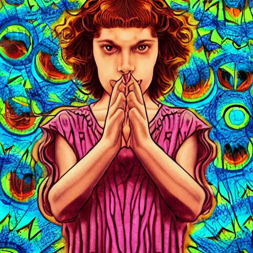 Image similar to stranger things by evelyn de morgan, by jack kirby funereal, kaleidoscopic. a print of a young woman holding an orange