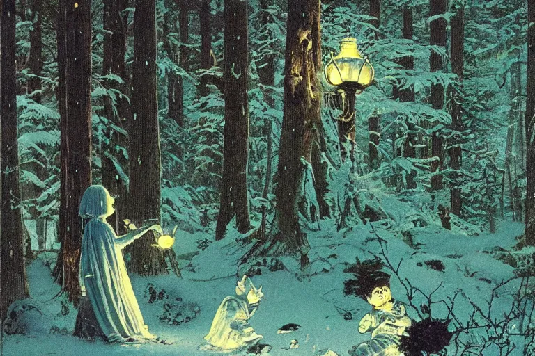 Prompt: a scenic view of a shining ghost in the middle of a magical forest at night, detailed, cinematic, dramatic scene, retro illustration by Norman Rockwell.