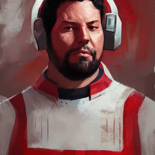 Image similar to portrait of a man by greg rutkowski, he looks like greg grunberg, tall and burly, star wars expanded universe, he is about 3 0 years old, wearing red and white starfighter pilot uniform from the galactic triunvirate.