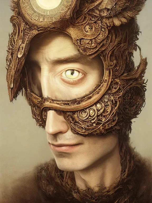 Prompt: a ultradetailed beautiful portrait of a strange human, hiding his face with an intricate wooden mask of an owl, high resolution 4 k, by tom bagshaw, greg rutkowski, charli bowater