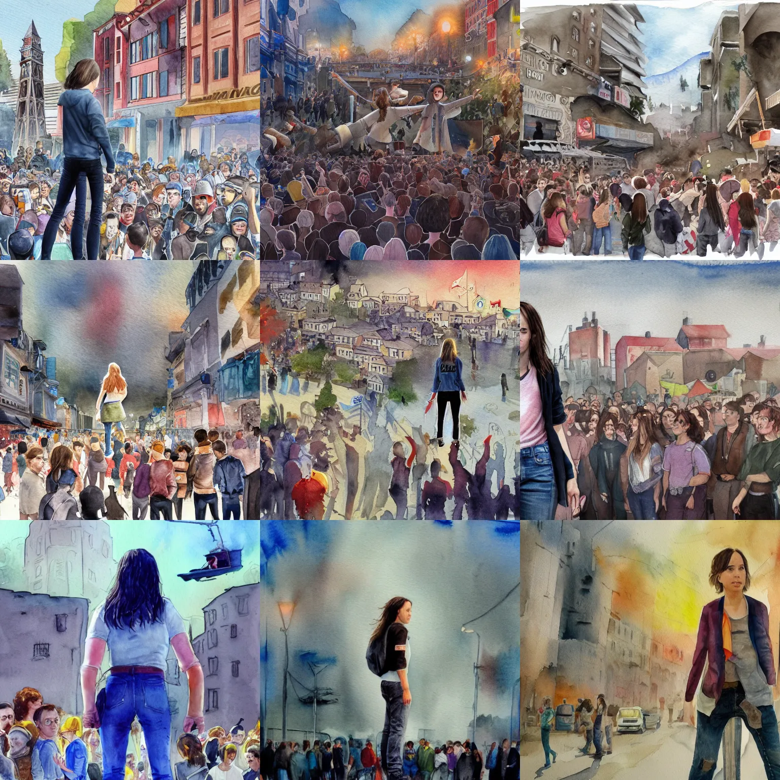 Prompt: Giant Ellen Page stands next to a town, surrounded by people, watercolor, trending on ArtStation, Gulliver's Travels