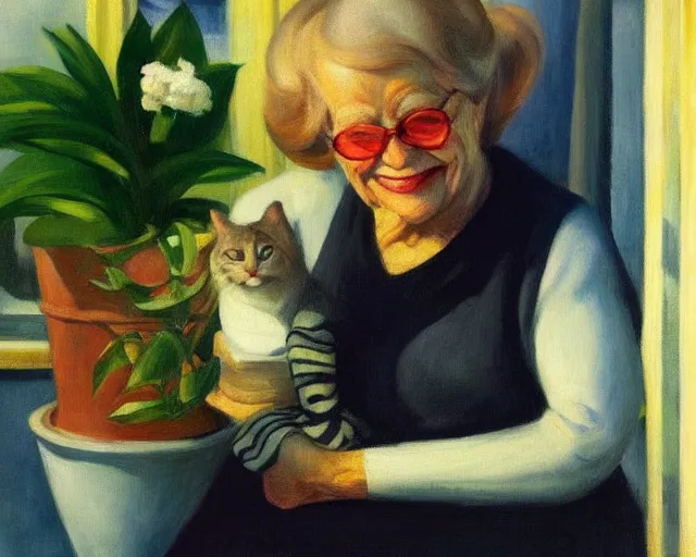 Prompt: detailed portrait of a happy old lady and her plant cat , Edward Hopper, sharp high quality