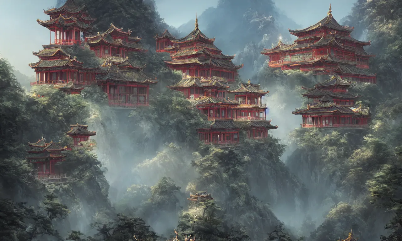 Prompt: A Chinese style splendid palace of the game concept scene original painting, super wide angle, magnificent and gorgeous atmosphere，rtx on，by Jordan Grimmer and Jonas De Ro, trending on cgsociety and artstation, unreal engine，Volumetric light，surreal