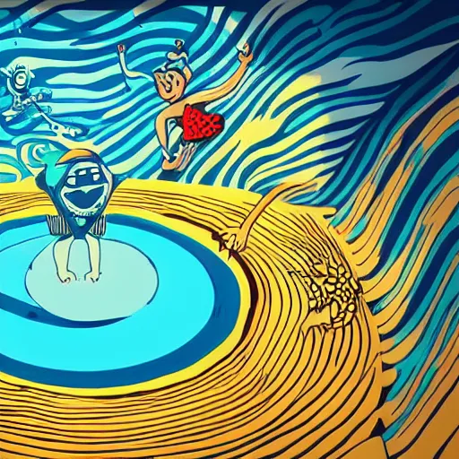 Image similar to colorful digital art, sony animation, mcbess illustration, a portal to another world, opened in the middle of a swimming pool