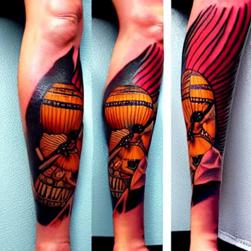 Image similar to detailed tattoos in the style of bee movie on a female leg, crimson - black color scheme, wearing miniskirt, cinematic seductive lighting, beautiful composition